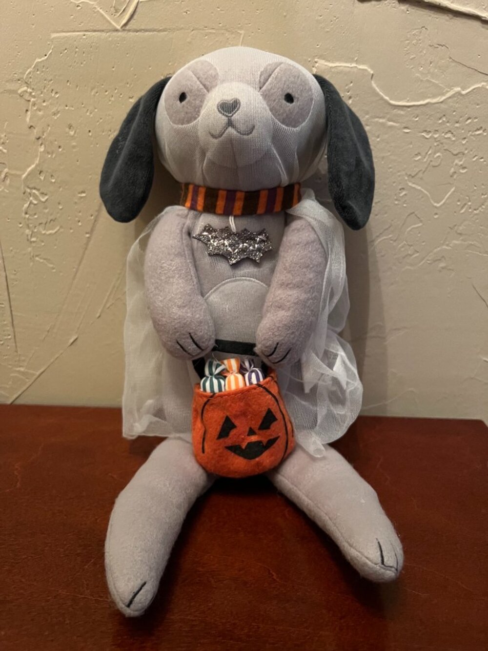 Halloween Gray Dog Plush Ghost Costume Pumpkin Trick or Treat Candy Decor